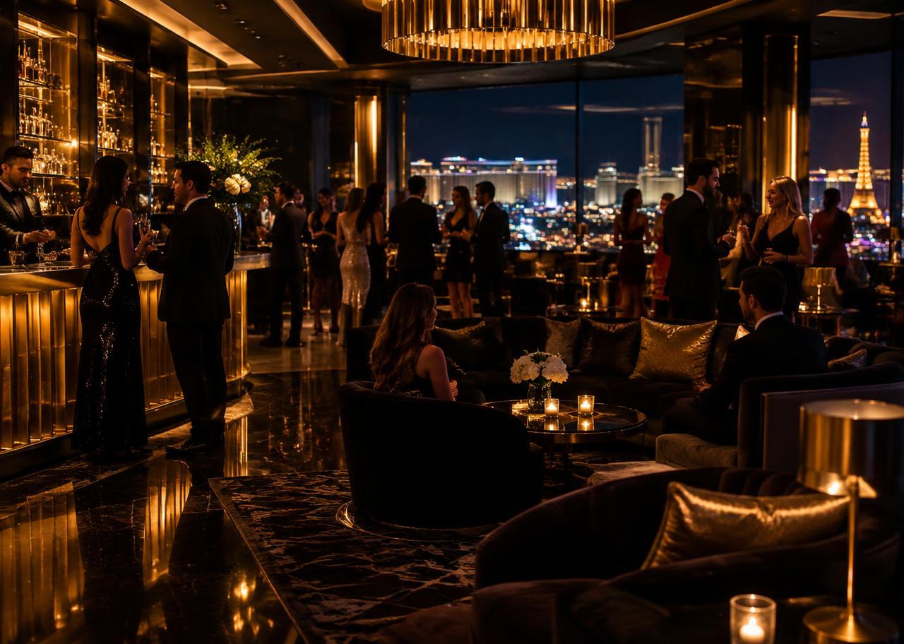 Guests mingling in a luxury Las Vegas lounge at night