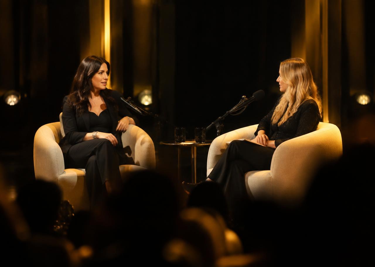 Two women in conversation on a warmly lit live podcast stage