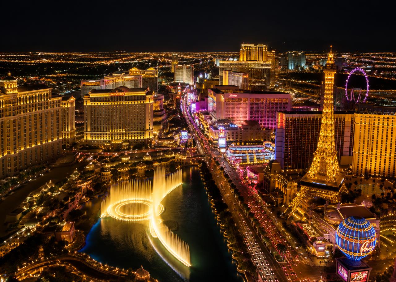 Aerial view of the Las Vegas Strip glowing at night